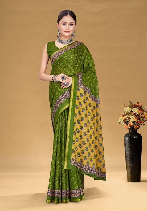 Green Floral Print Cotton Saree Set