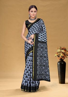 Grey Checked Cotton Saree Set