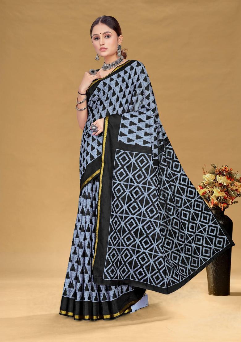 Grey Checked Cotton Saree Set - Indya