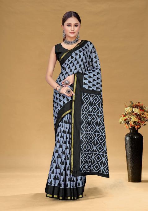 Grey Checked Cotton Saree Set