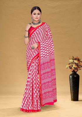 Pink Printed Cotton Saree Set
