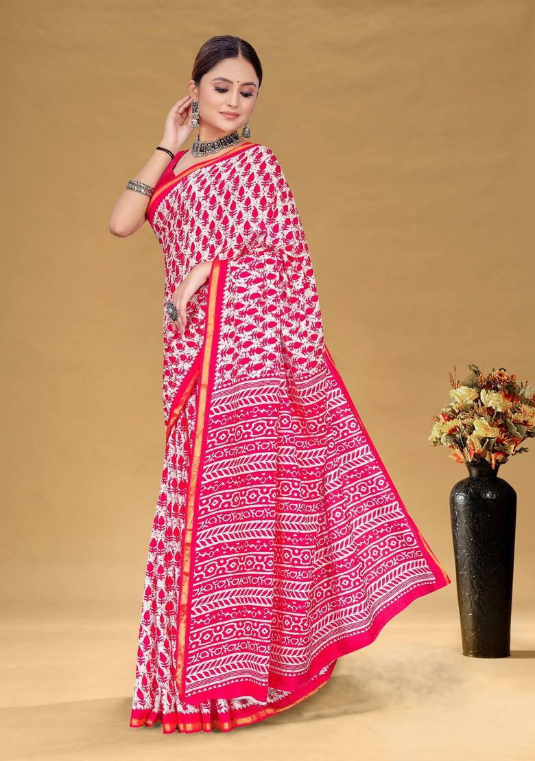 Pink Printed Cotton Saree Set - Indya