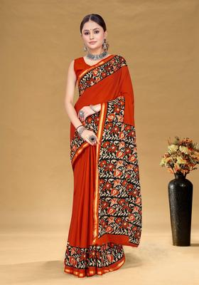 Red Floral Print Cotton Saree Set