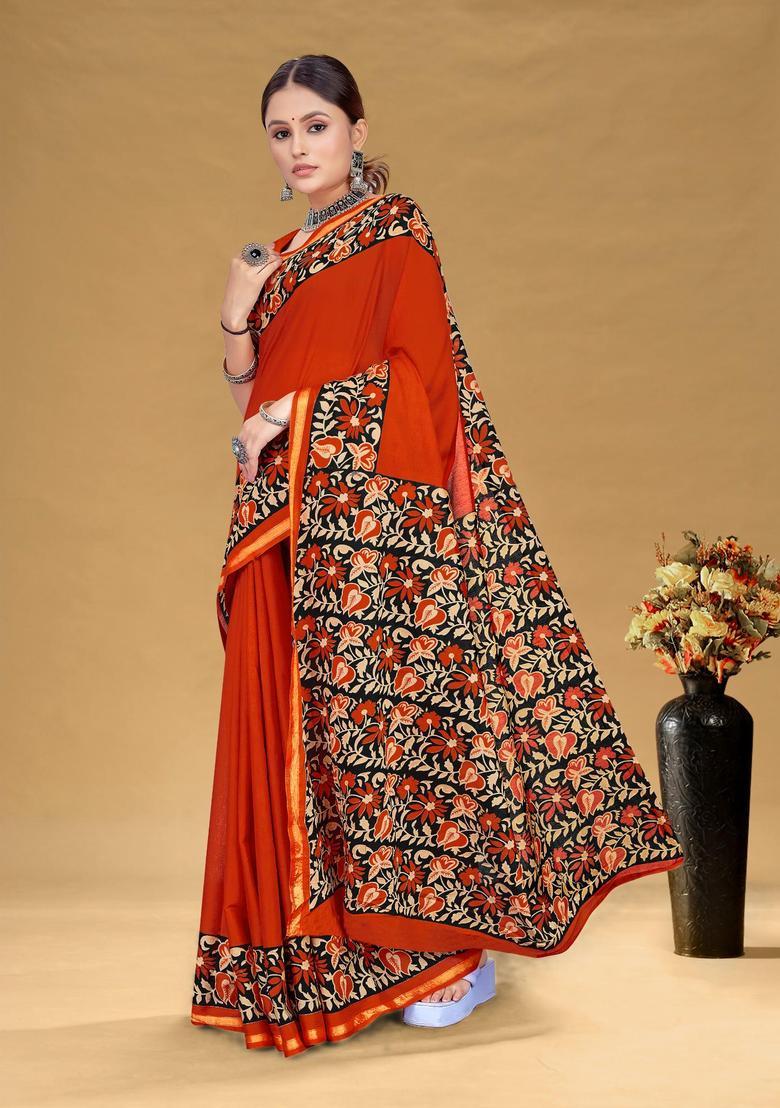 Red Floral Print Cotton Saree Set - Indya