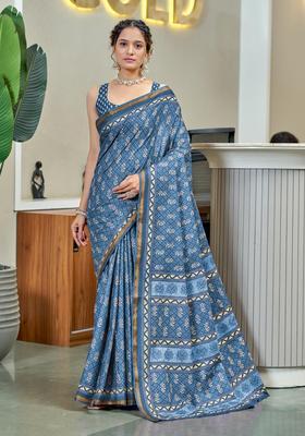 Teal Printed Cotton Saree Set