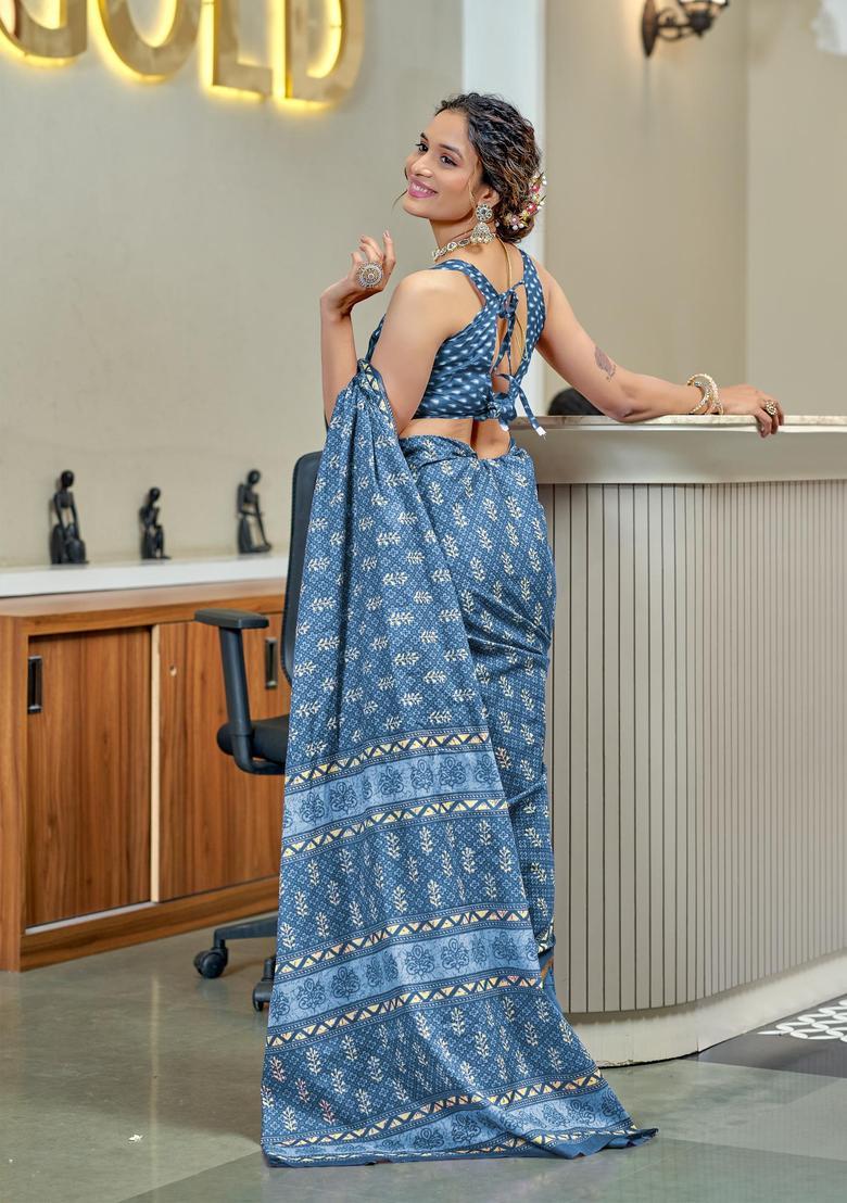 Teal Printed Cotton Saree Set - Indya