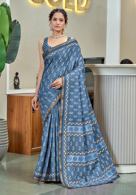 Teal Printed Cotton Saree Set