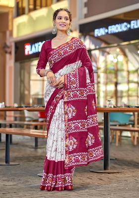 Pink Printed Cotton Saree Set