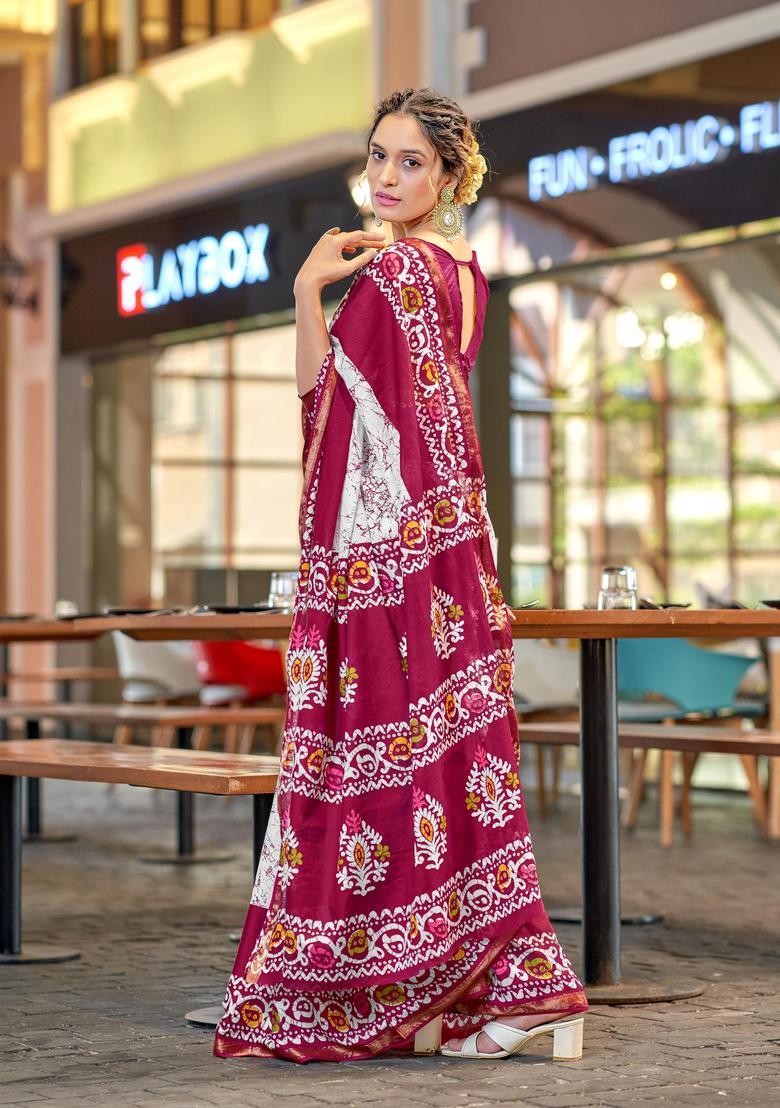 Pink Printed Cotton Saree Set - Indya
