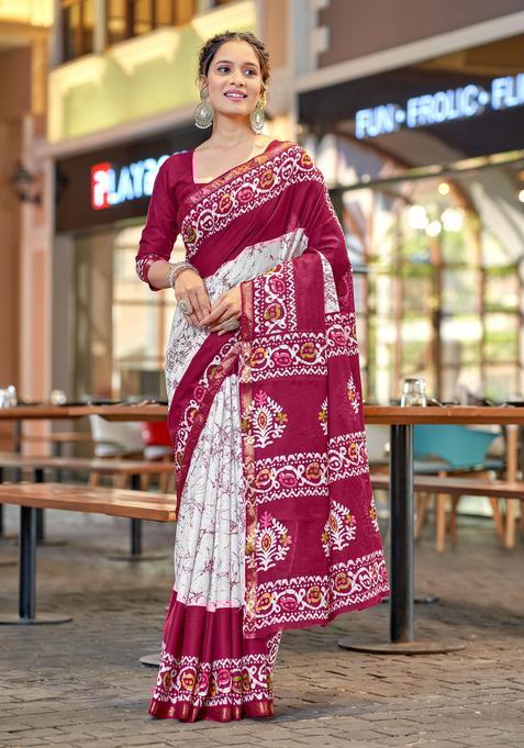 Pink Printed Cotton Saree Set