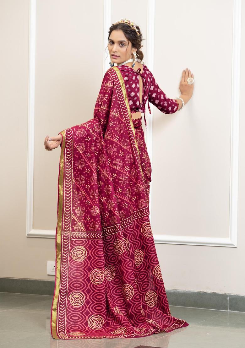 Pink Printed Cotton Saree Set - Indya