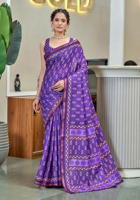Purple Printed Cotton Saree Set