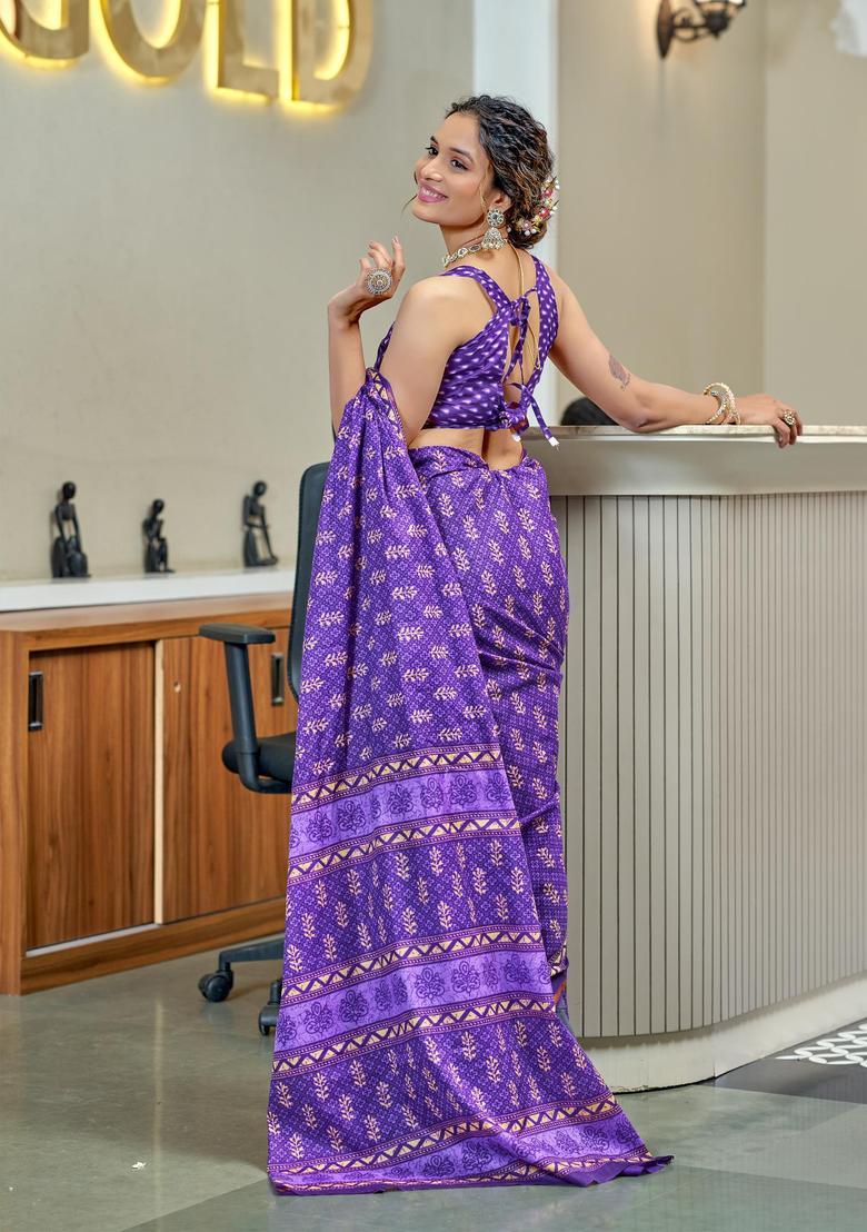 Purple Printed Cotton Saree Set - Indya