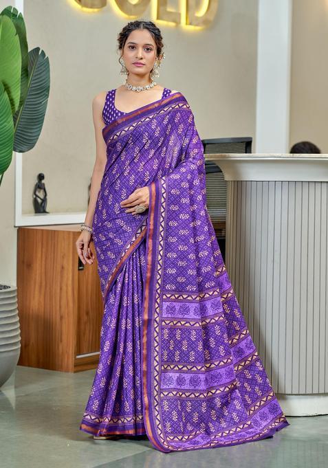 Purple Printed Cotton Saree Set