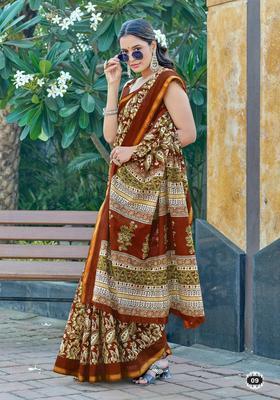 Brown Floral Print Cotton Saree Set