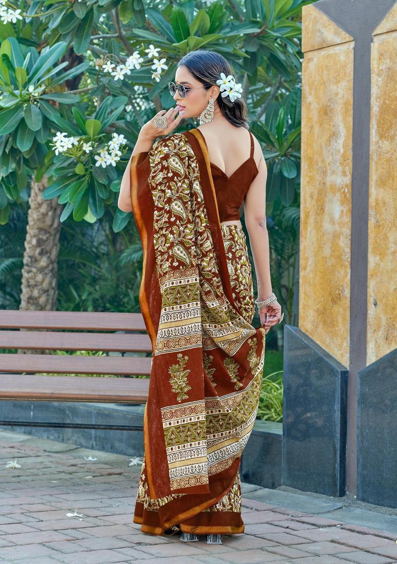 Brown Floral Print Cotton Saree Set - Indya