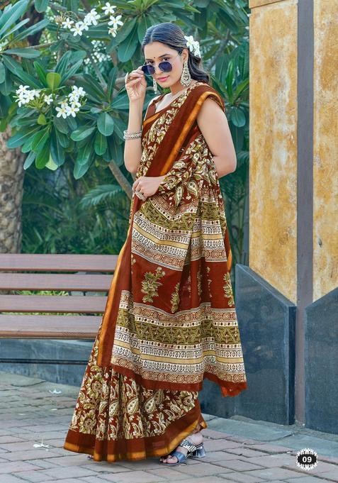 Brown Floral Print Cotton Saree Set