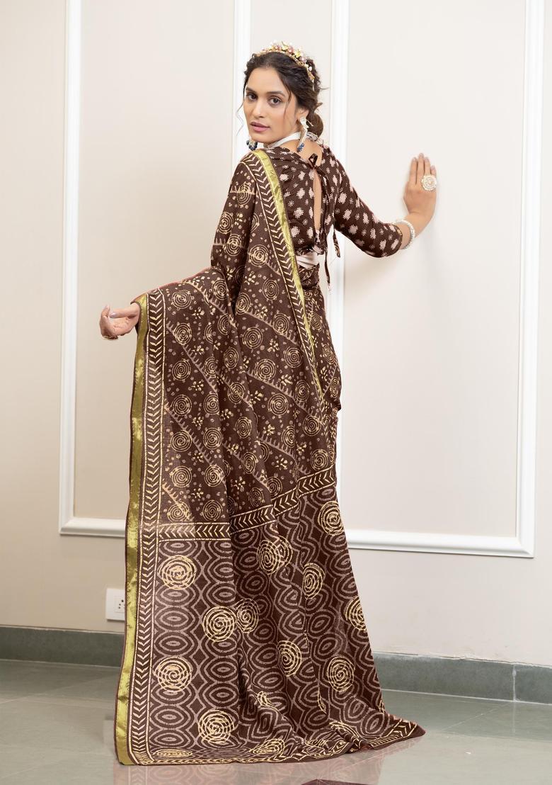 Brown Printed Cotton Saree Set - Indya
