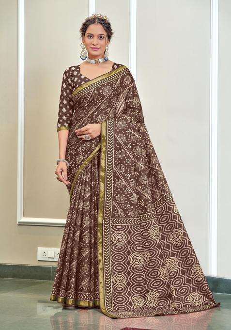 Brown Printed Cotton Saree Set