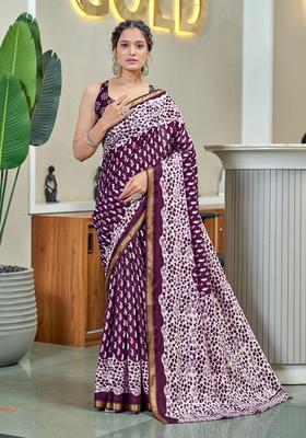 Wine Printed Cotton Saree Set