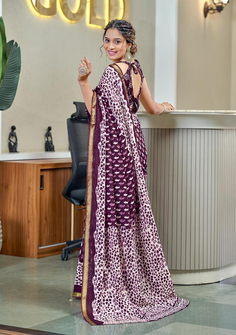 Wine Printed Cotton Saree Set - Indya