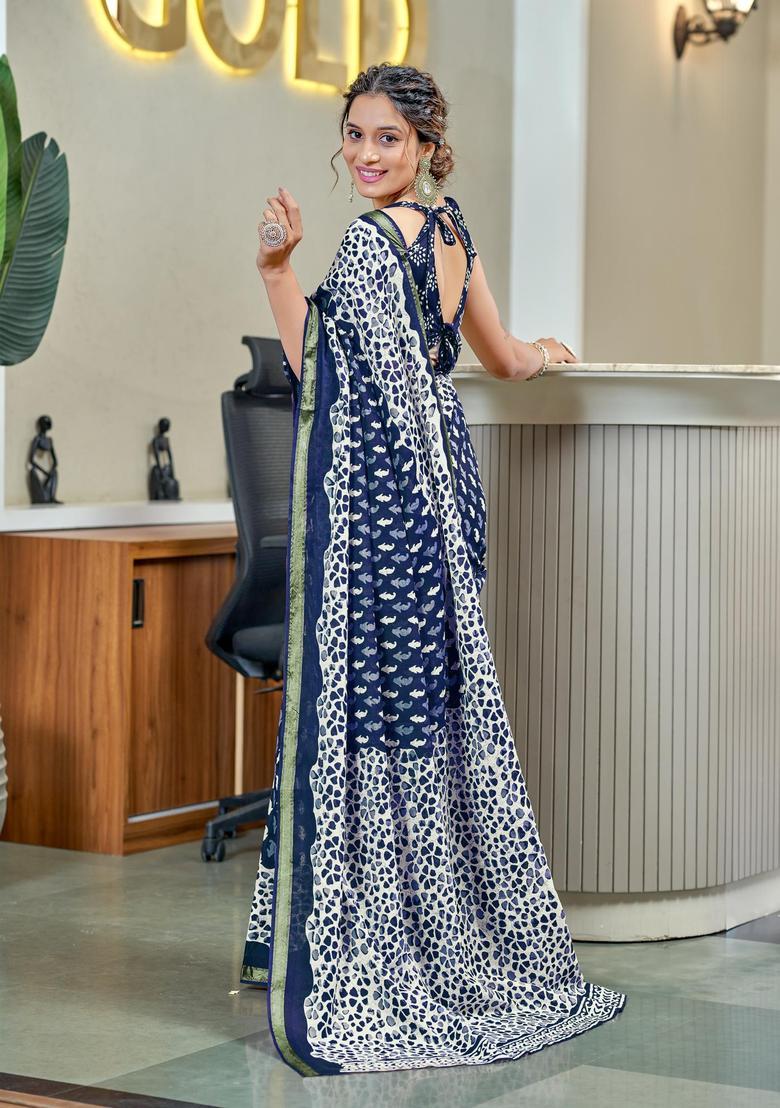 Blue Printed Cotton Saree Set - Indya