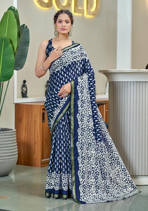 Blue Printed Cotton Saree Set