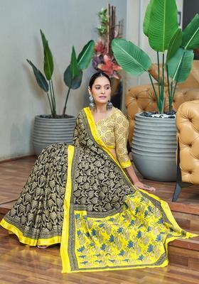 Black Printed Cotton Saree Set