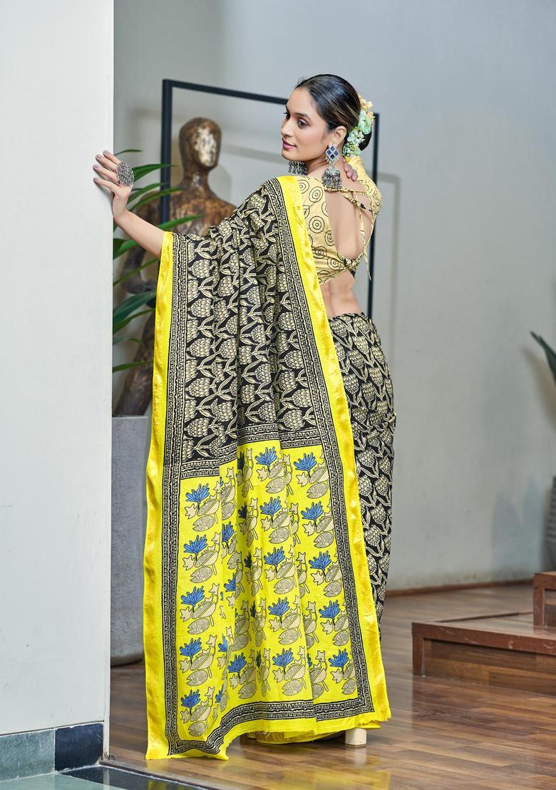 Black Printed Cotton Saree Set - Indya