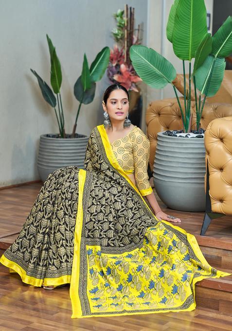 Black Printed Cotton Saree Set