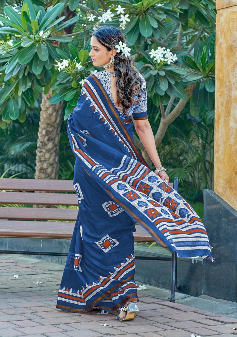 Blue Geometric Print Cotton Saree Set - Indya