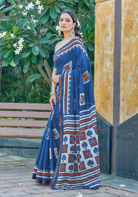 Blue Geometric Print Cotton Saree Set
