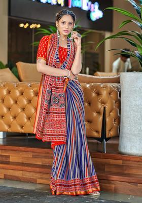 Blue Stripes Cotton Saree Set