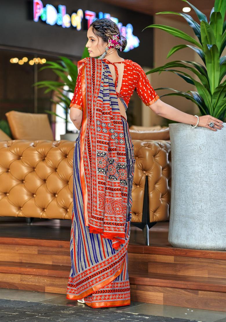 Blue Stripes Cotton Saree Set - Indya