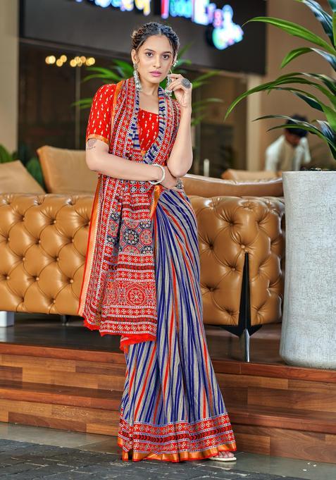 Blue Stripes Cotton Saree Set