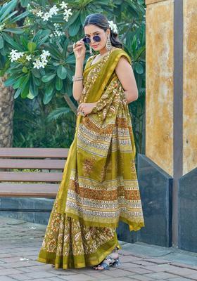 Green Floral Print Cotton Saree Set
