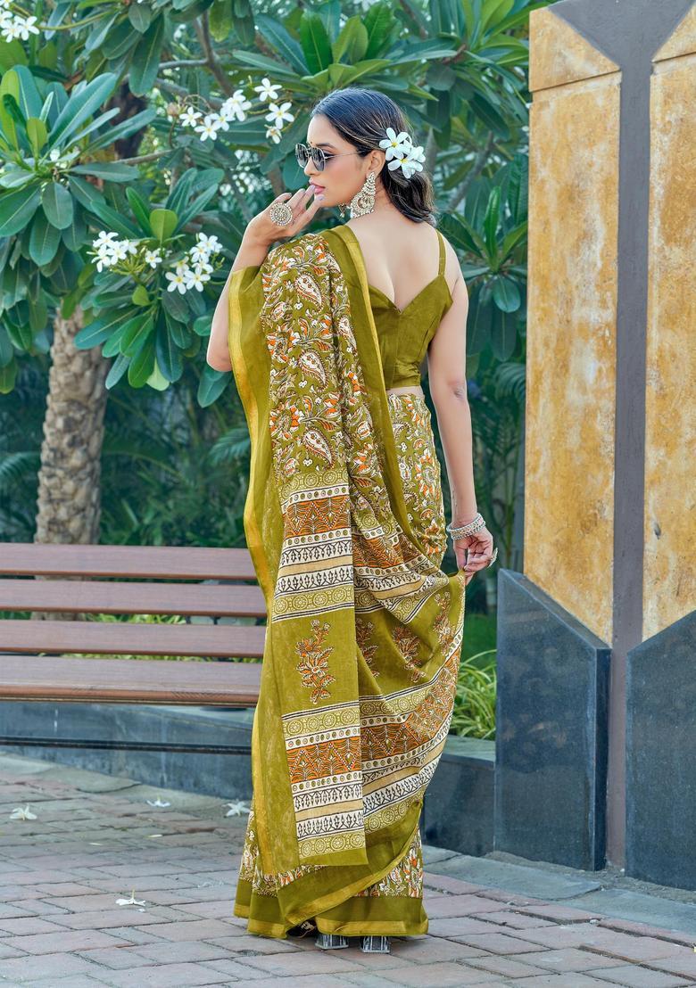 Green Floral Print Cotton Saree Set - Indya