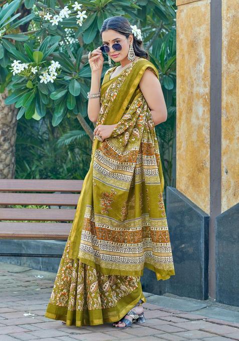 Green Floral Print Cotton Saree Set