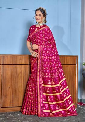 Pink Geometric Print Cotton Saree Set