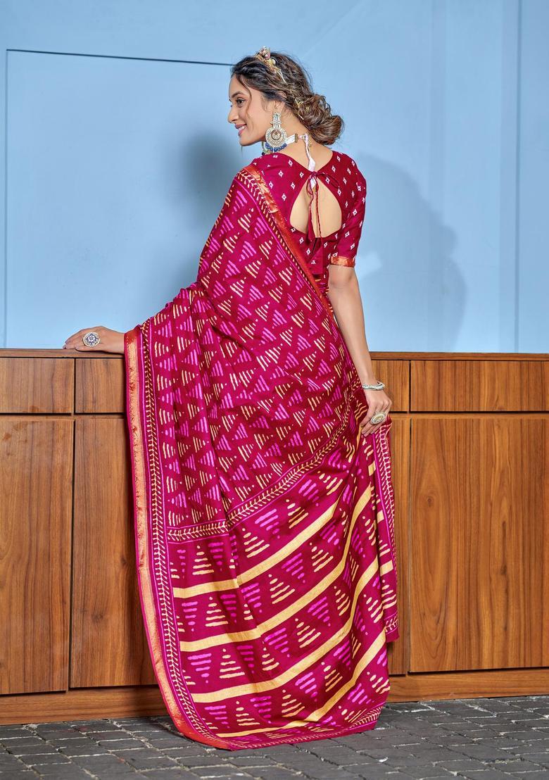 Pink Geometric Print Cotton Saree Set - Indya
