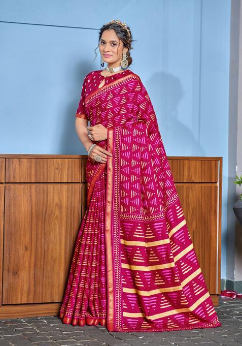 Pink Geometric Print Cotton Saree Set