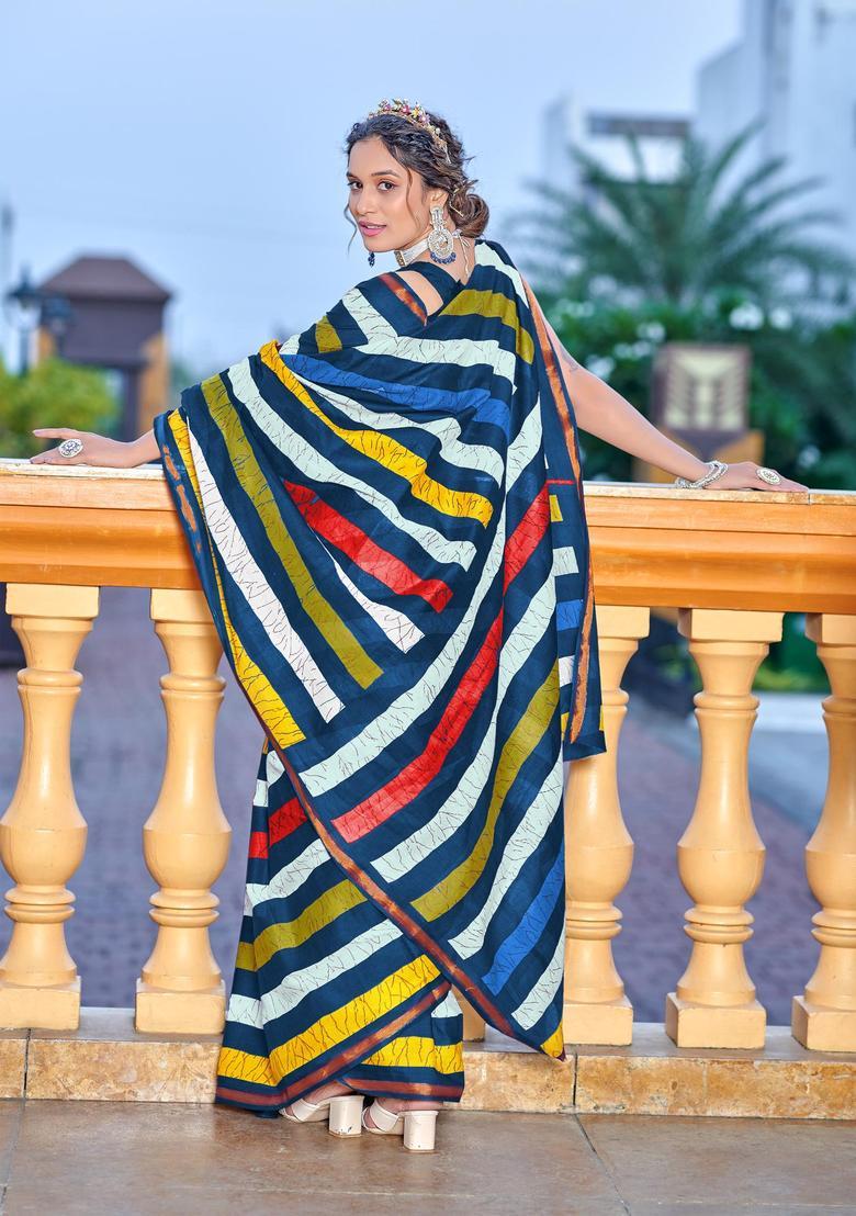 Blue Stripes Cotton Saree Set - Indya