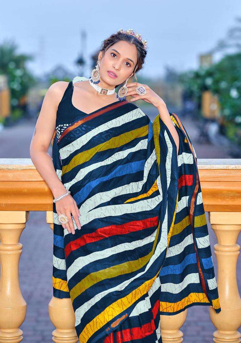 Blue Stripes Cotton Saree Set for Diwali | Wedding & Festive Wear - Indya