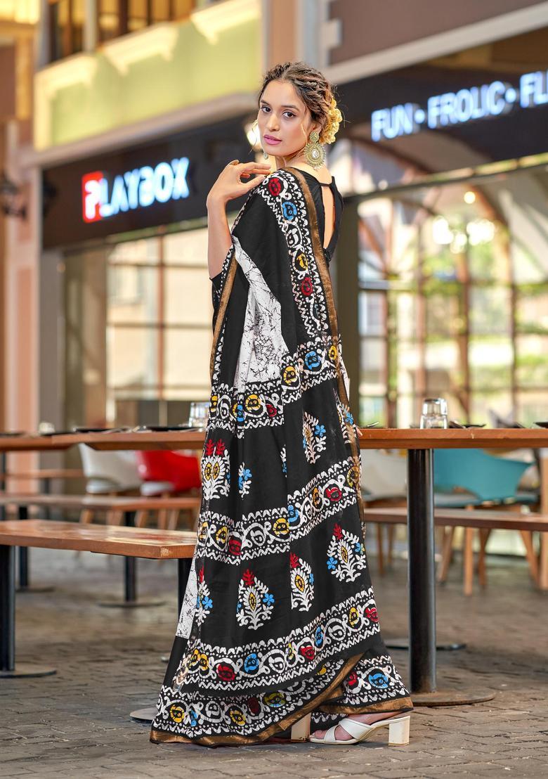 Black Printed Cotton Saree Set - Indya