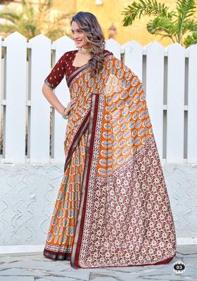 Orange Floral Print Cotton Saree Set