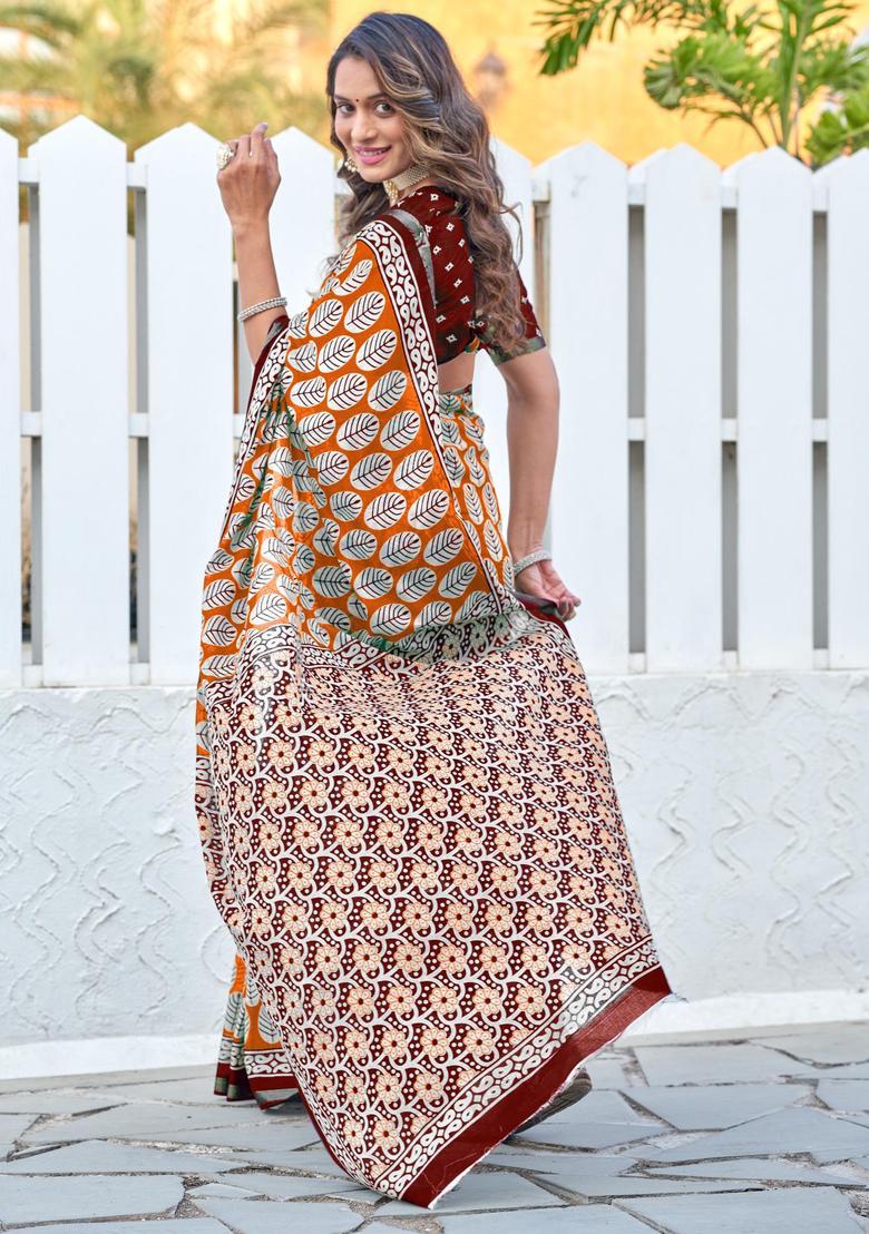 Orange Floral Print Cotton Saree Set - Indya