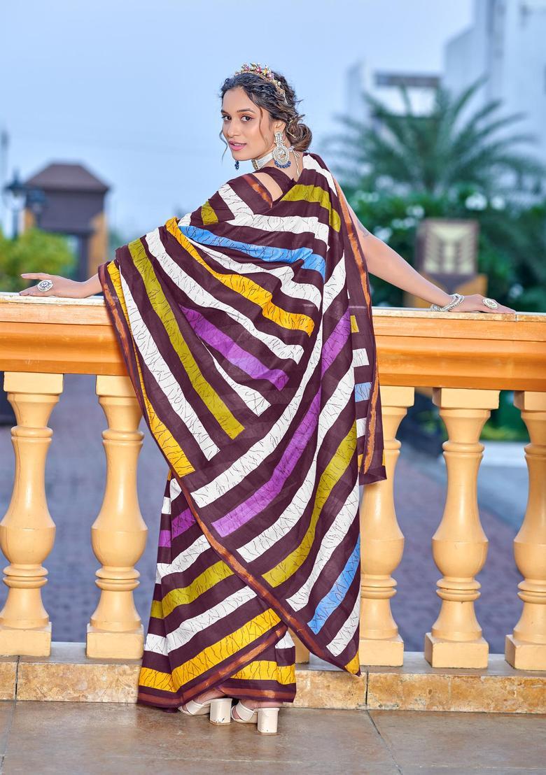 Wine Stripes Cotton Saree Set - Indya
