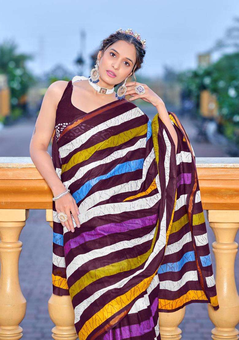Wine Stripes Cotton Saree Set for Diwali and Festive Wear - Indya
