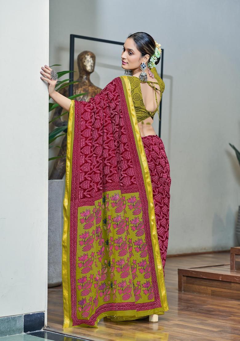 Pink Printed Cotton Saree Set - Indya