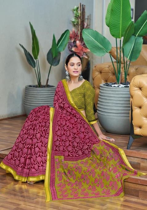 Pink Printed Cotton Saree Set